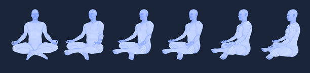 瑜伽男性健康多边形3D科学矢量图集。未来感低多边形瑜伽士在莲花式体式中，置身于外星空间，冥想人体剪影，数字光环，脉轮平衡，禅意概念，复古数字网格。图片下载