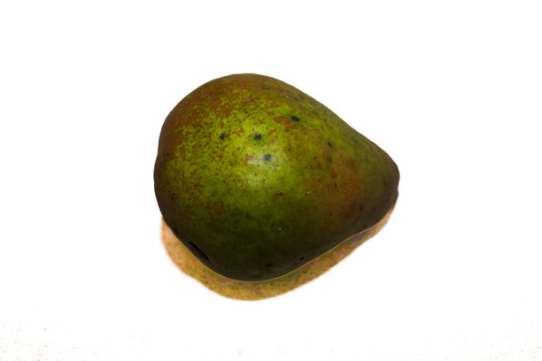 一个绿色和棕色、成熟的梨，带有天然斑点，在干净的白色背景上进行特写拍摄。这张经典图片非常适合用于健康饮食、水果、节食或烹饪等主题。图片下载