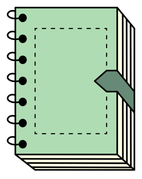白色背景上，一个简单的绿色螺旋装订闭合笔记本的矢量插画，带有书签。卡通风格，有笔记或文字。图片下载