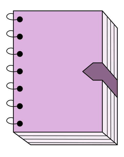 极简风格矢量插画，描绘一本闭合的粉紫色螺旋装订笔记本，配有深色书签。图片下载