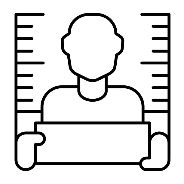 土匪男子肖像照片，细线条图标，警察部队概念。矢量图。男子在尺子旁拿着木板，白色背景上的法律与秩序标志，风格图标，适用于移动或网页设计。图片下载