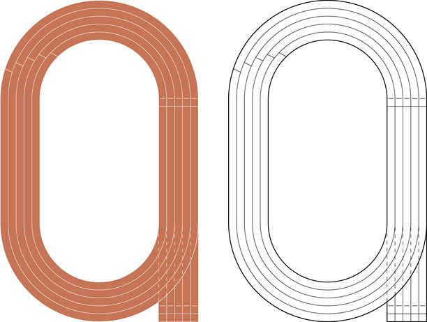 运动跑道和足球场。体育场场地俯视图，有线条和标记。体育场、赛车跑道、竞技场和场地或自行车场馆，体育比赛场地。矢量图。图片下载