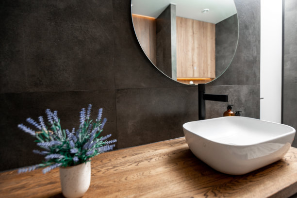 带水槽、镜子和洗衣机的浴室图片下载