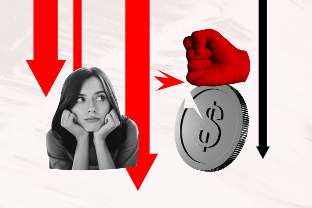 趋势全流行艺术3D照片拼贴，一位困惑的女商人的箭头、回归、统计数据、通货膨胀、硬币、拳头、破产图片下载