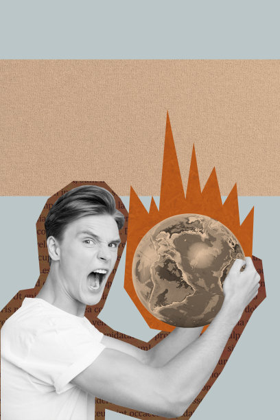 年轻男子的模板海报潮流艺术3D照片拼贴，他伸出手抓住地球，体现环保意识、责任感和绿色保护。图片下载