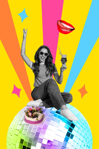 快乐女孩竖版照片拼贴海报，手持鸡尾酒杯，坐在迪斯科球旁，庆祝活动，甜点蛋糕，周五心情图片下载
