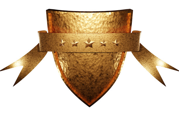 带有五颗星和金属丝带的透明铜质盾牌徽章，用于高端品牌推广和营销图片下载