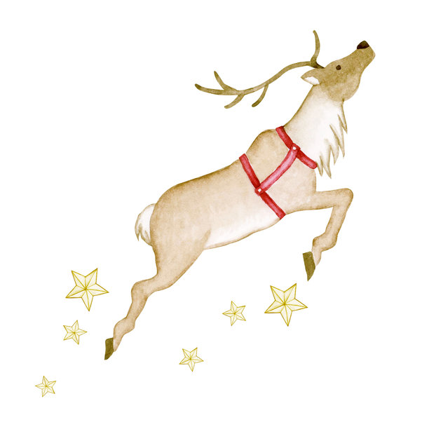 水彩风格插画，描绘一只驯鹿在圣诞天空飞驰图片下载