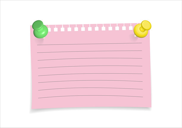 带图钉的纸张插画。用于办公室提醒、公告或极简文具模型的矢量笔记元素。图片下载