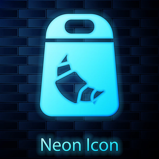 砖墙背景上发光的霓虹羊角面包包装图标，矢量图图片下载