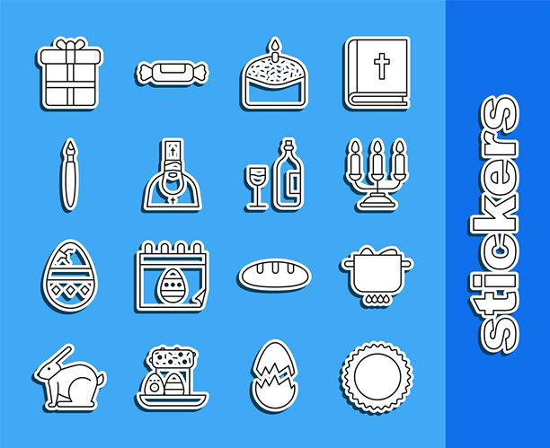 太阳、鸡蛋放在火锅里，烛台、复活节蛋糕、牧师、画笔、礼品盒和葡萄酒瓶玻璃图标的线条组合。矢量图图片下载