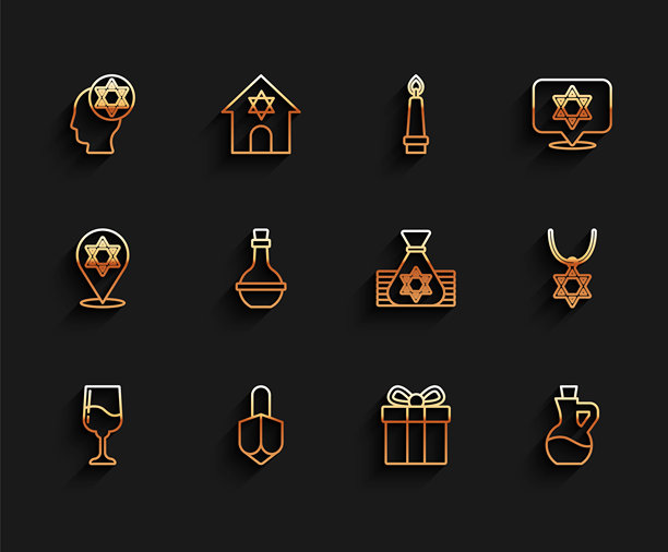 向量，犹太教光明节的套线高脚杯、陀螺、东正教犹太帽、礼品盒、橄榄油瓶、酒瓶、戴链子的马根大卫项链和钱袋图标。图片下载
