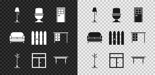房间内的落地灯、马桶、关着的门、衣帽架、窗户、木桌、沙发和花园围栏木质图标。矢量图示。图片下载