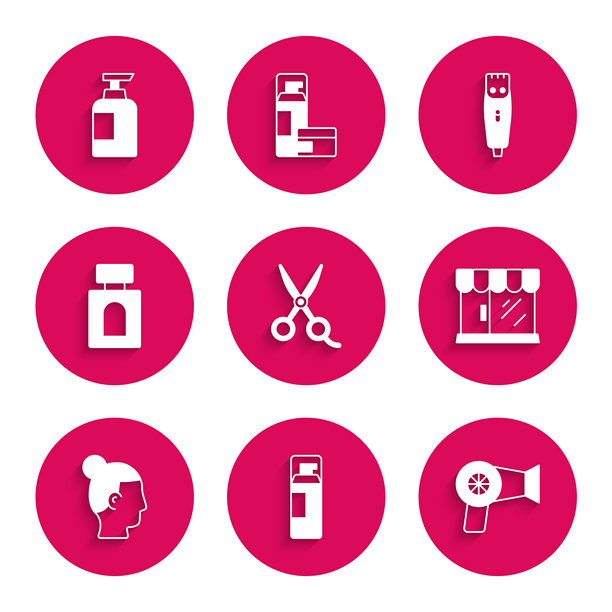 理发师的剪刀、剃须啫喱泡沫、吹风机、理发店建筑、男士发型、须后水、推剪和洗发水瓶子的图标。矢量图示矢量图示向量图。图片下载