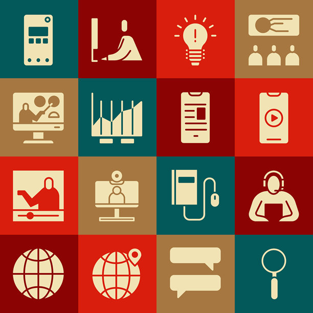 放大镜、学生、在线播放视频、代表创意的灯泡、饼状图信息图、教育、手机和书籍移动图标。矢量图图片下载