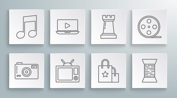 照片相机、在线视频播放、电视、纸质购物袋、缝纫线轴、国际象棋符号、胶片卷和音符、色调图标的线条集合。矢量图示图片下载