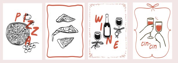 简约手绘披萨插画，适用于涂鸦风格的墙壁艺术作品。披萨和葡萄酒厨房海报、标语牌、banner或菜单设计。意大利食品和饮料矢量插图。图片下载