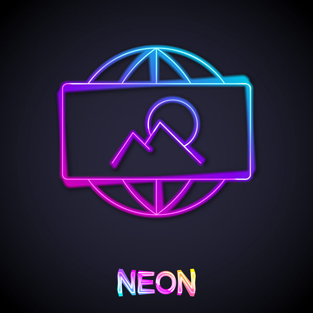 发光的霓虹线条，广角图片图标，孤立在黑色背景上。全景视图。矢量图图片下载