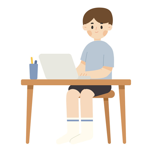 一名年轻男子在电脑前工作的扁平化设计插画。图片下载