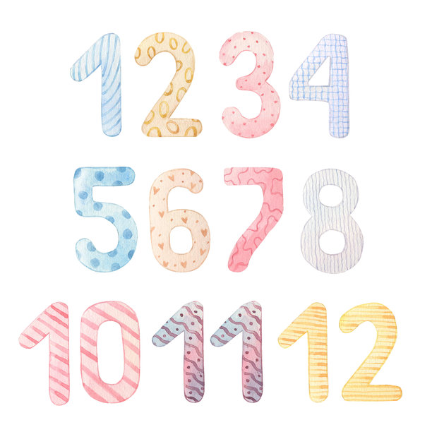 水彩数字套装，用于生日庆祝派对、托儿所或里程碑纪念。手绘水彩插画。图片下载