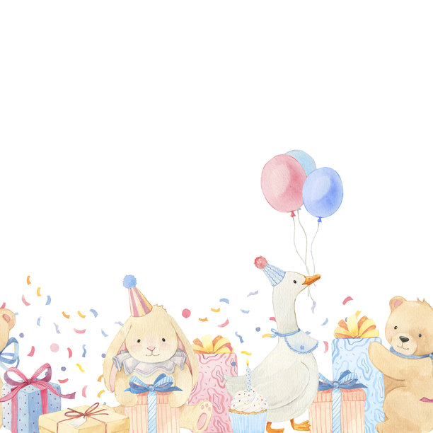 婴儿生日无缝边框，包含粉色、蓝色和米色礼物。水彩手绘插画。适合儿童派对的柔和色彩。图片下载