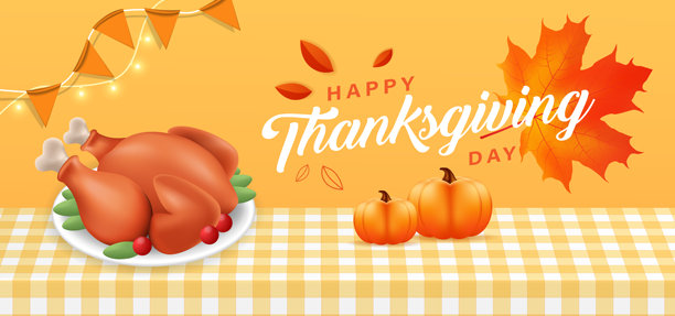 感恩节餐桌景象，有烤火鸡、南瓜和枫叶字效图片下载