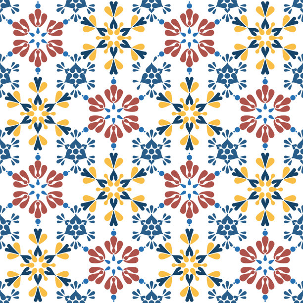 红色、黄色和蓝色花卉图案的无缝装饰瓷砖图案。手工制作的民间风格设计，适用于面料、包装纸、壁纸和室内装饰。图片下载