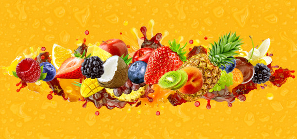 色彩鲜艳的背景上，新鲜水果、浆果、菠萝、猕猴桃等缤纷组合，伴随着动感的果汁飞溅图片下载