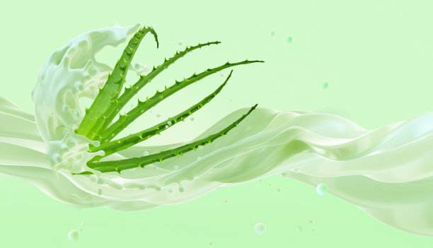 芦荟在动态构图中飞溅，3D渲染与影棚照片的混合效果。图片下载