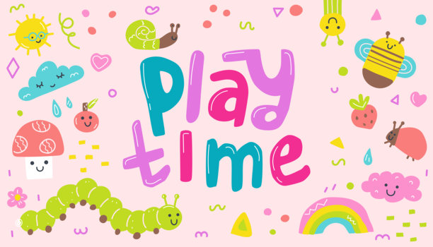 矢量插画，配以俏皮的“Play Time”字母，周围环绕着可爱的昆虫、彩虹、蘑菇和云朵。明亮儿童风格设计，适用于海报、育儿室装饰或教育材料。图片下载