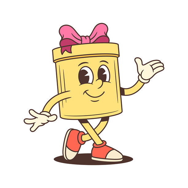 戴着白手套竖起大拇指的友好卡通礼物盒角色矢量插画图片下载