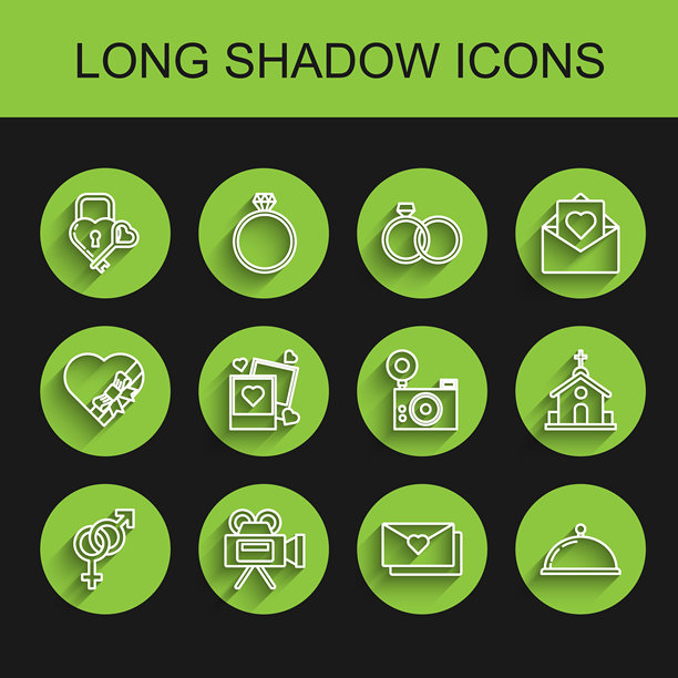 线条集合：性别、电影摄像机、心形城堡和钥匙、情人节信封、带食物的托盘、两个心形空白相框、教堂建筑和照片图标。矢量图图片下载