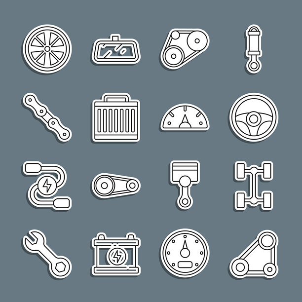 正时皮带套件、汽车底盘、方向盘、汽车散热器冷却系统、链条、合金和速度表图标。矢量图图片下载