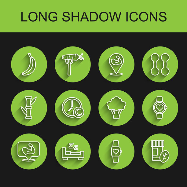 健美运动员肌肉线条，睡觉时间，香蕉，智能手表，维生素药丸和西兰花图标。矢量图图片下载