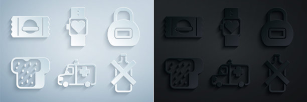 救护车和紧急车辆、壶铃、烤面包、禁止饮酒、智能手表和运动营养图标。矢量图图片下载