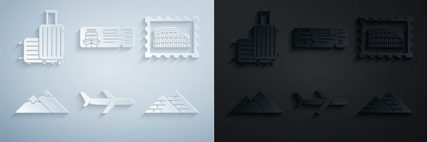 飞机、邮票和罗马斗兽场、山脉、埃及金字塔、游轮船票和行李箱图标的集合。矢量图图片下载