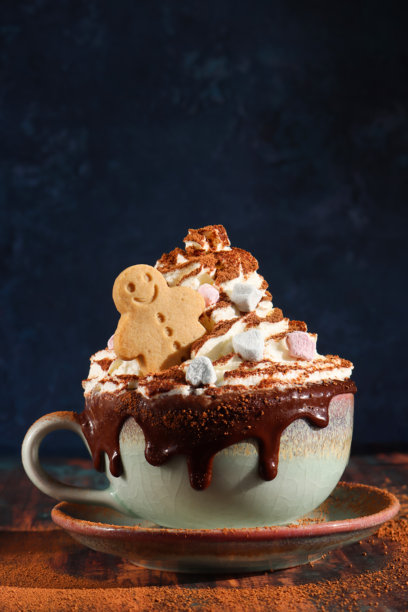 热饮图片，蓝绿色杯碟盛着热巧克力，上面撒有可可粉打发的鲜奶油、粉色和白色迷你棉花糖、姜饼人，饮品溢出滴落，背景为斑驳的蓝色，焦点在前景图片下载