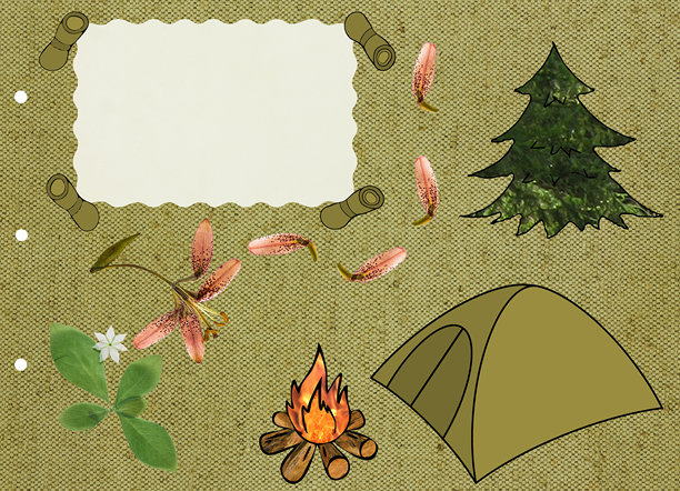 老式相册故事页面。相册布局，包含空照片框。童子军。旅行主题的剪贴簿风格构图。帐篷、篝火、情感。积极休闲、旅游主题。图片下载