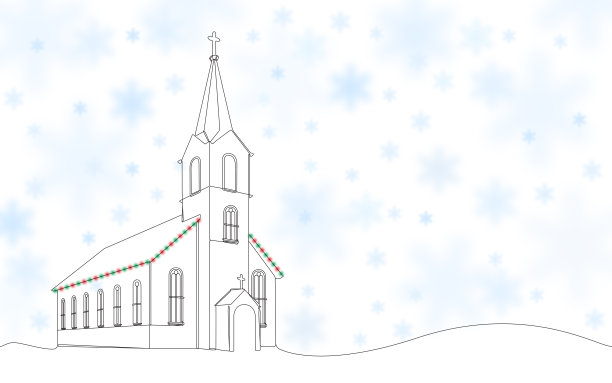 飘雪中闪耀圣诞灯饰的美丽教堂。单线条绘画矢量插画。图片下载