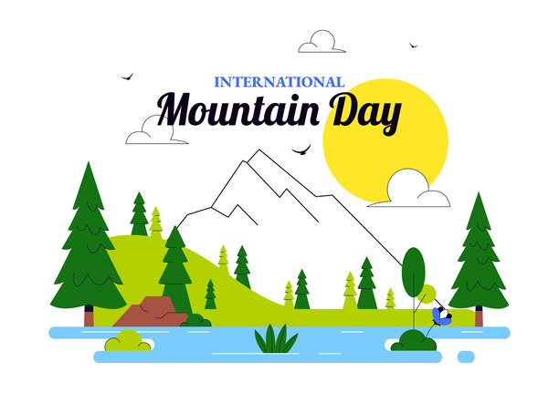 国际山岳日矢量插画 庆祝于12月11日，以山地景观、绿色山谷和树木为特色，背景为扁平化设计图片下载