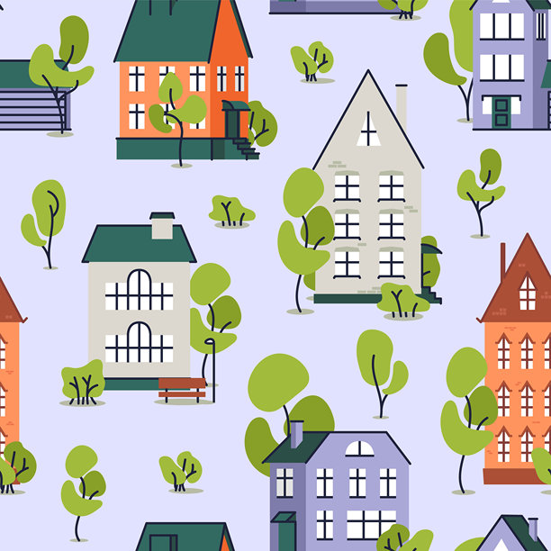 卡通平铺风格的城镇建筑无缝图案，可爱的温馨插画图片下载