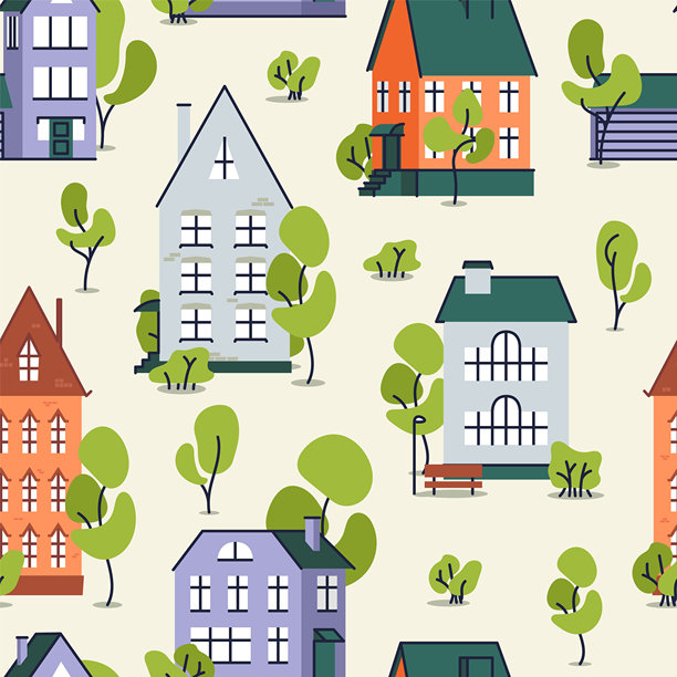城镇建筑无缝图案，扁平卡通风格，可爱温馨插画图片下载