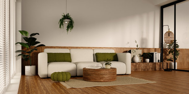 环保风格的现代客厅，带有植物元素和舒适的家具。三维渲染插画图片下载