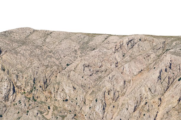 崎岖的岩石山地景观，植被稀疏。白色背景上的孤立物体。图片下载
