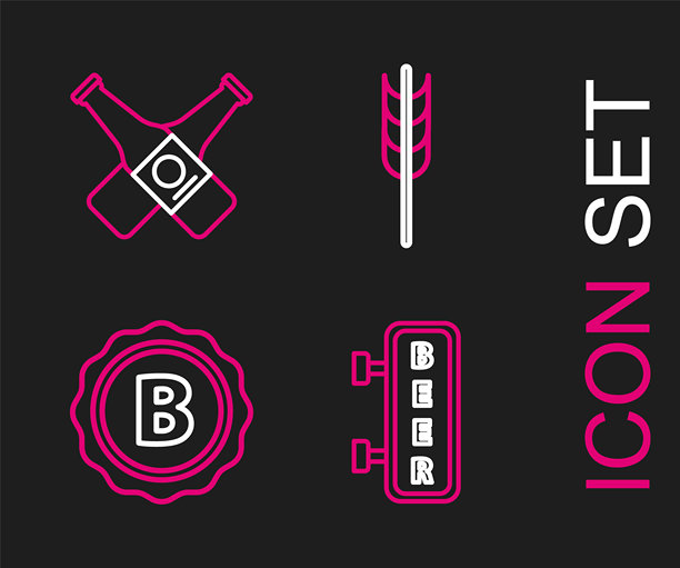 设置带啤酒铭文的街道招牌，啤酒瓶盖，谷物套装（大米、小麦、玉米、燕麦、黑麦、大麦）和交叉瓶子图标。矢量图图片下载