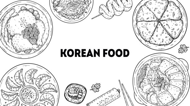 韩式料理画框。手绘俯视韩式料理菜肴矢量草图插画。参鸡汤、饺子、紫菜包饭、炖菜、海鲜饼、泡菜、鱼饼图片下载