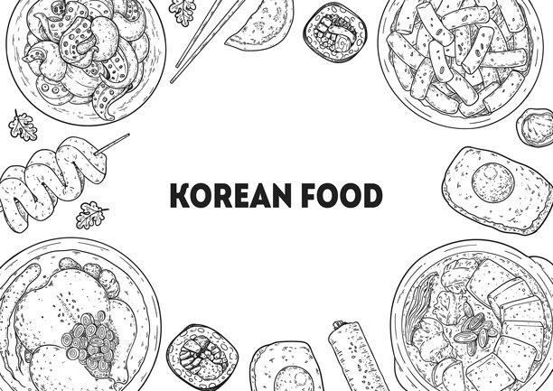 韩式美食画框。手绘韩式菜肴俯视图矢量草图插画。韩式辣炒章鱼、鱼饼、参鸡汤、紫菜包饭、炖菜、炒年糕、鸡蛋面包、饺子图片下载