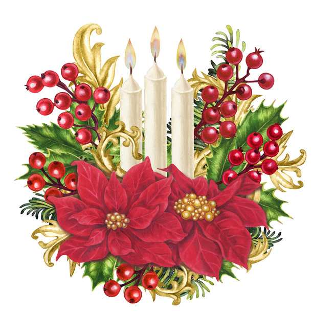 奢华圣诞花束中的红色一品红，搭配复古金色装饰和燃烧的蜡烛，带来温暖。这款水彩模板适用于您的家居、商店、餐桌布置、贴纸、剪贴簿、礼品卡。图片下载