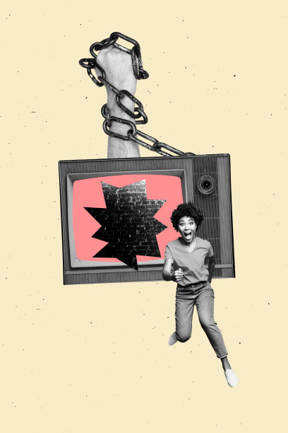 3D竖版艺术横幅照片拼贴：兴奋的女孩奔跑，电视盒子，链条陷阱，手部沉迷，假新闻，电影宣传图片下载
