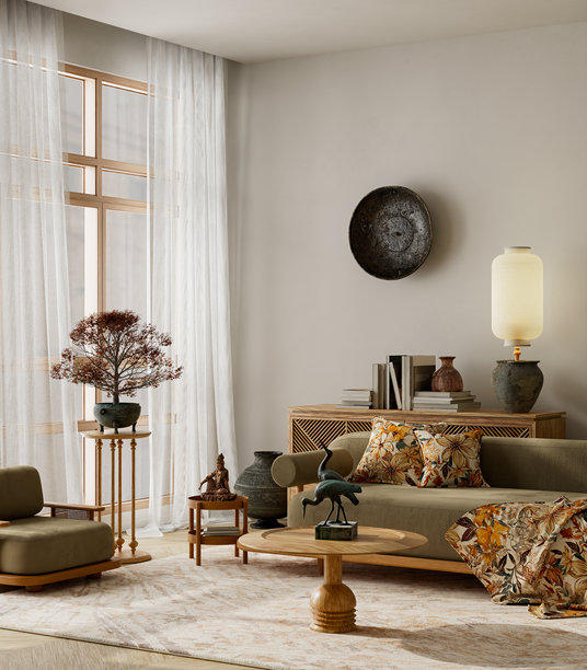 日式日式客厅室内，配有橄榄色沙发和暖木家具。3D插画。图片下载